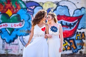 two brides on their wedding day at same sex marriage